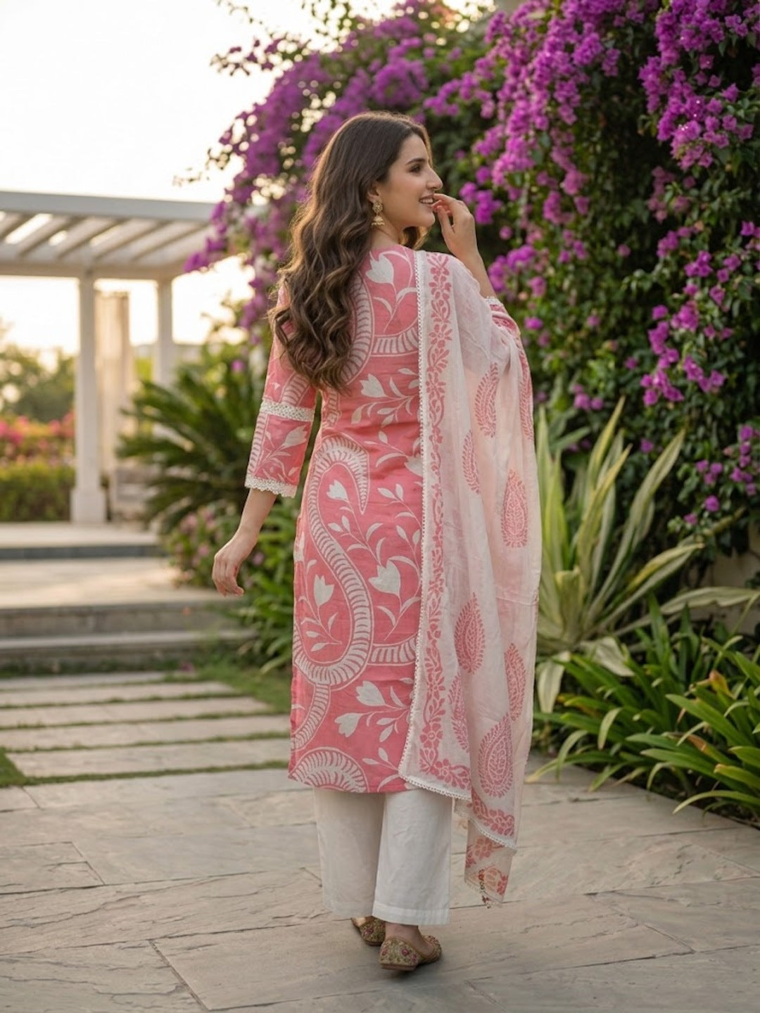 Abstract Floral Printed Straight Kurta with Pant & Dupatta - Pink
