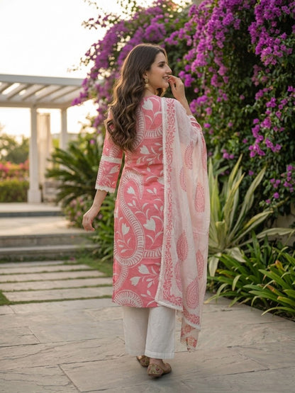 Abstract Floral Printed Straight Kurta with Pant & Dupatta - Pink