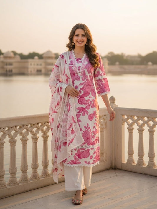 Floral Print Straight Kurta with Pant & Hand Painted Dupatta - Pink