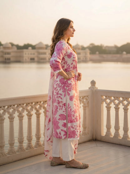 Floral Print Straight Kurta with Pant & Hand Painted Dupatta - Pink