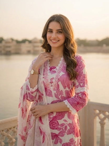 Floral Print Straight Kurta with Pant & Hand Painted Dupatta - Pink