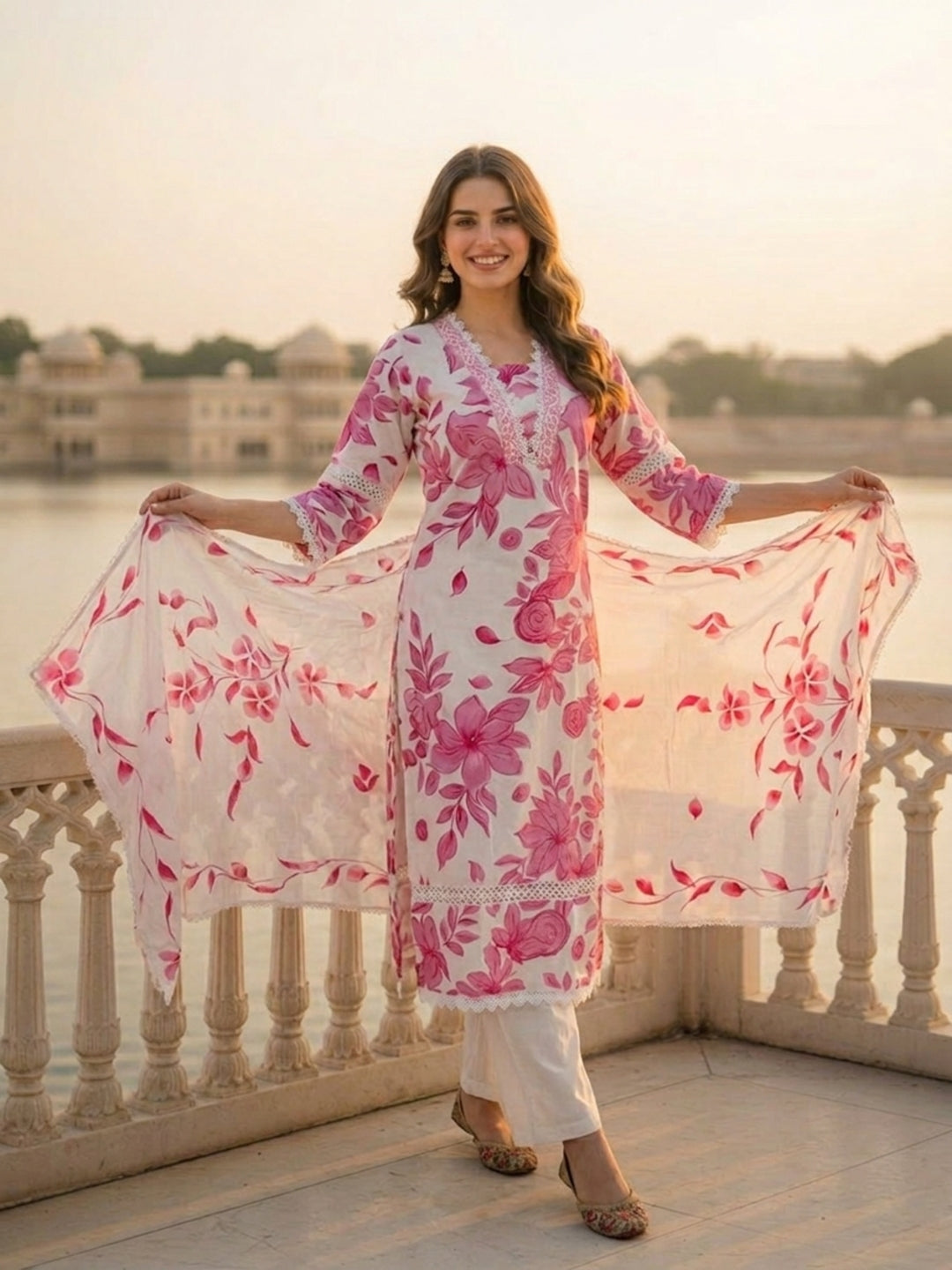 Floral Print Straight Kurta with Pant & Hand Painted Dupatta - Pink