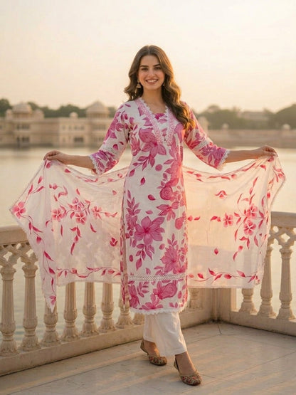 Floral Print Straight Kurta with Pant & Hand Painted Dupatta - Pink