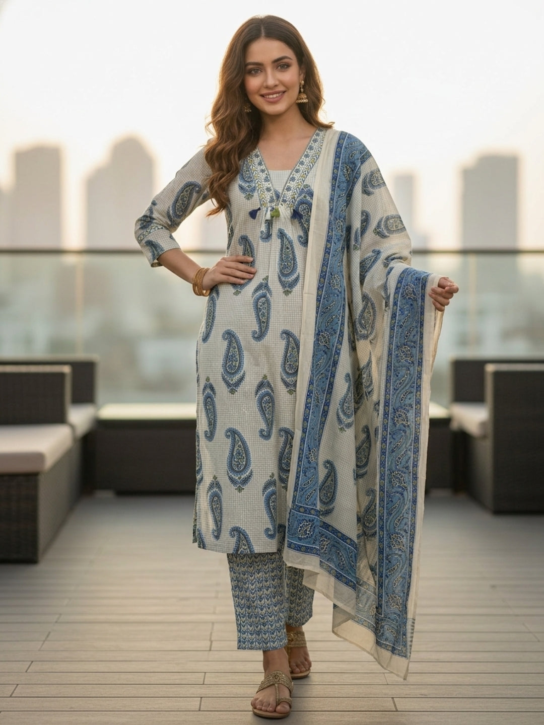Checks & Paisley Print Straight Kurta with Palazzo & Dupatta - Blue