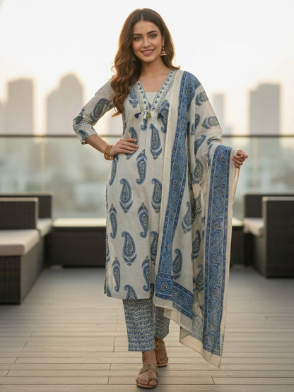 Checks & Paisley Print Straight Kurta with Palazzo & Dupatta - Blue