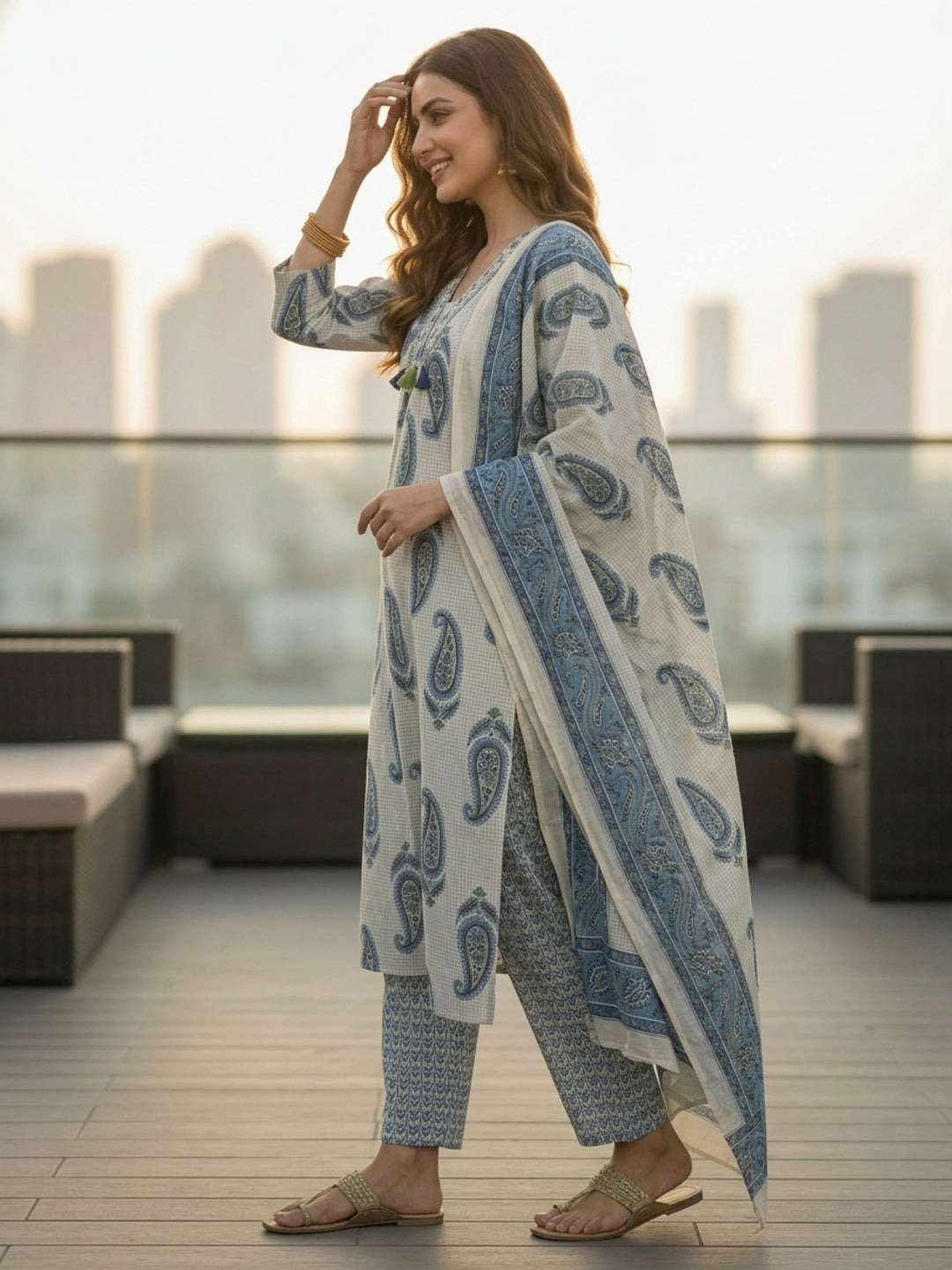 Checks & Paisley Print Straight Kurta with Palazzo & Dupatta - Blue