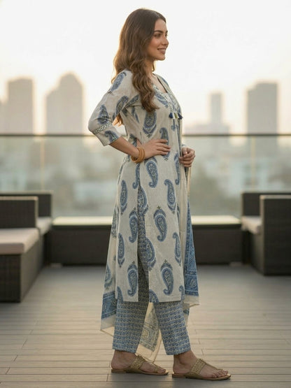Checks & Paisley Print Straight Kurta with Palazzo & Dupatta - Blue