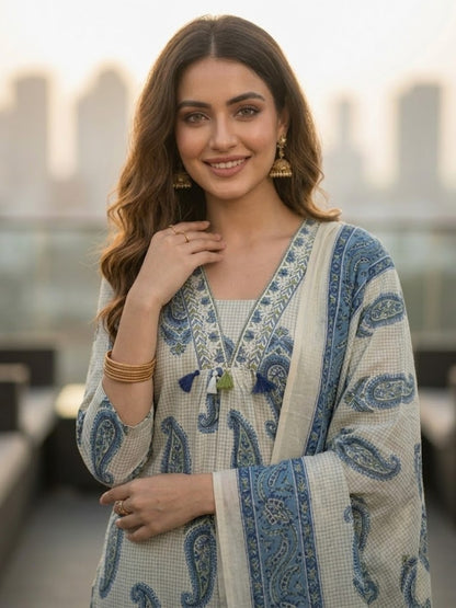 Checks & Paisley Print Straight Kurta with Palazzo & Dupatta - Blue