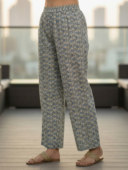 Checks & Paisley Print Straight Kurta with Palazzo & Dupatta - Blue