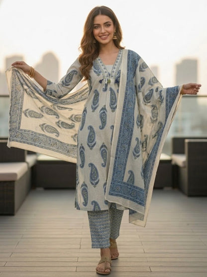 Checks & Paisley Print Straight Kurta with Palazzo & Dupatta - Blue