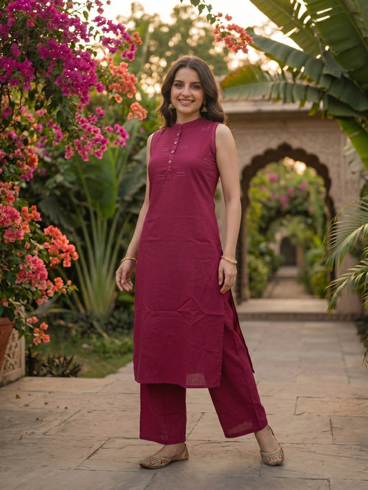 Solid Kantha Work Sleeveless Straight Kurta with Pyjama - Magenta