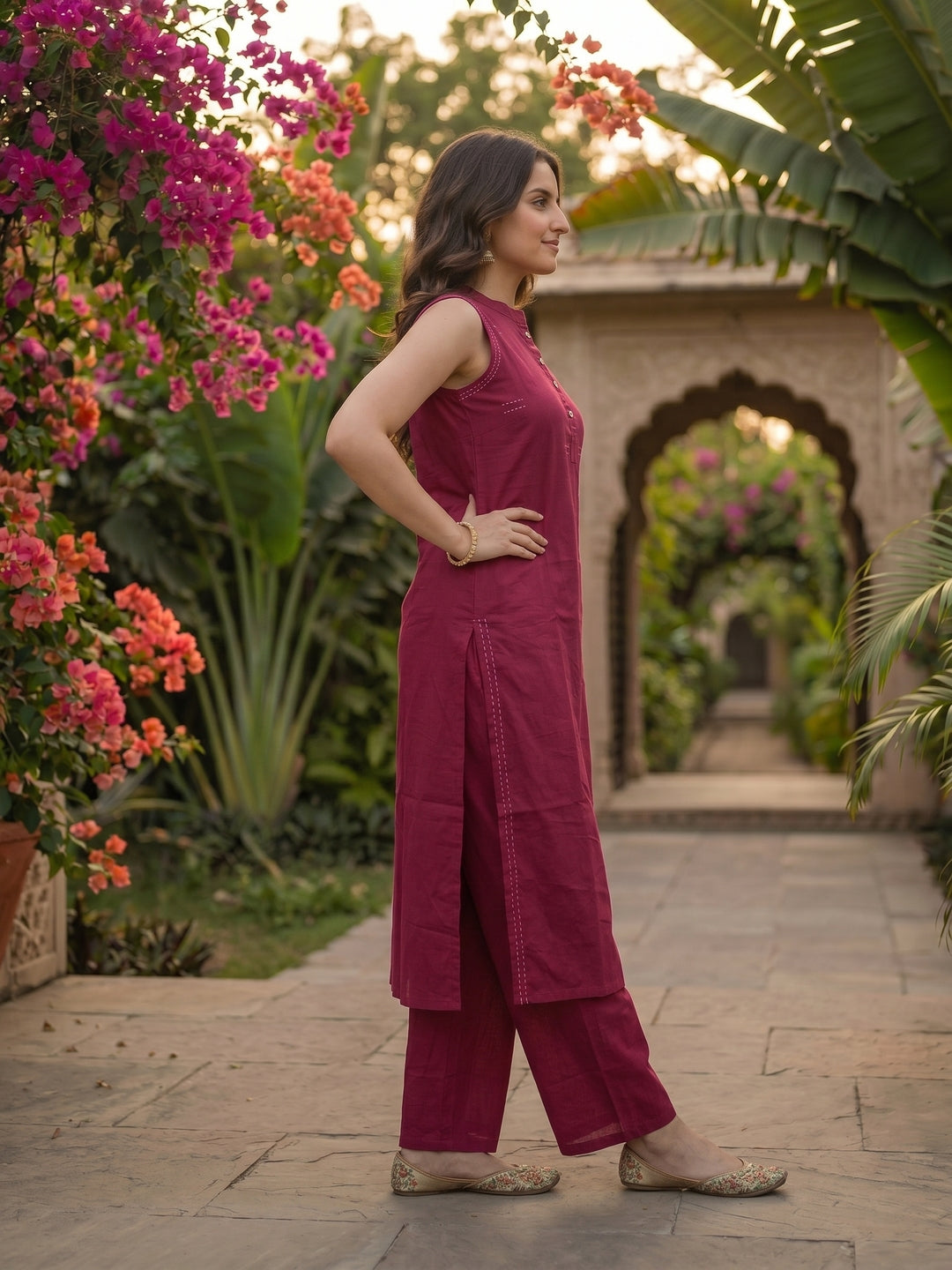 Solid Kantha Work Sleeveless Straight Kurta with Pyjama - Magenta