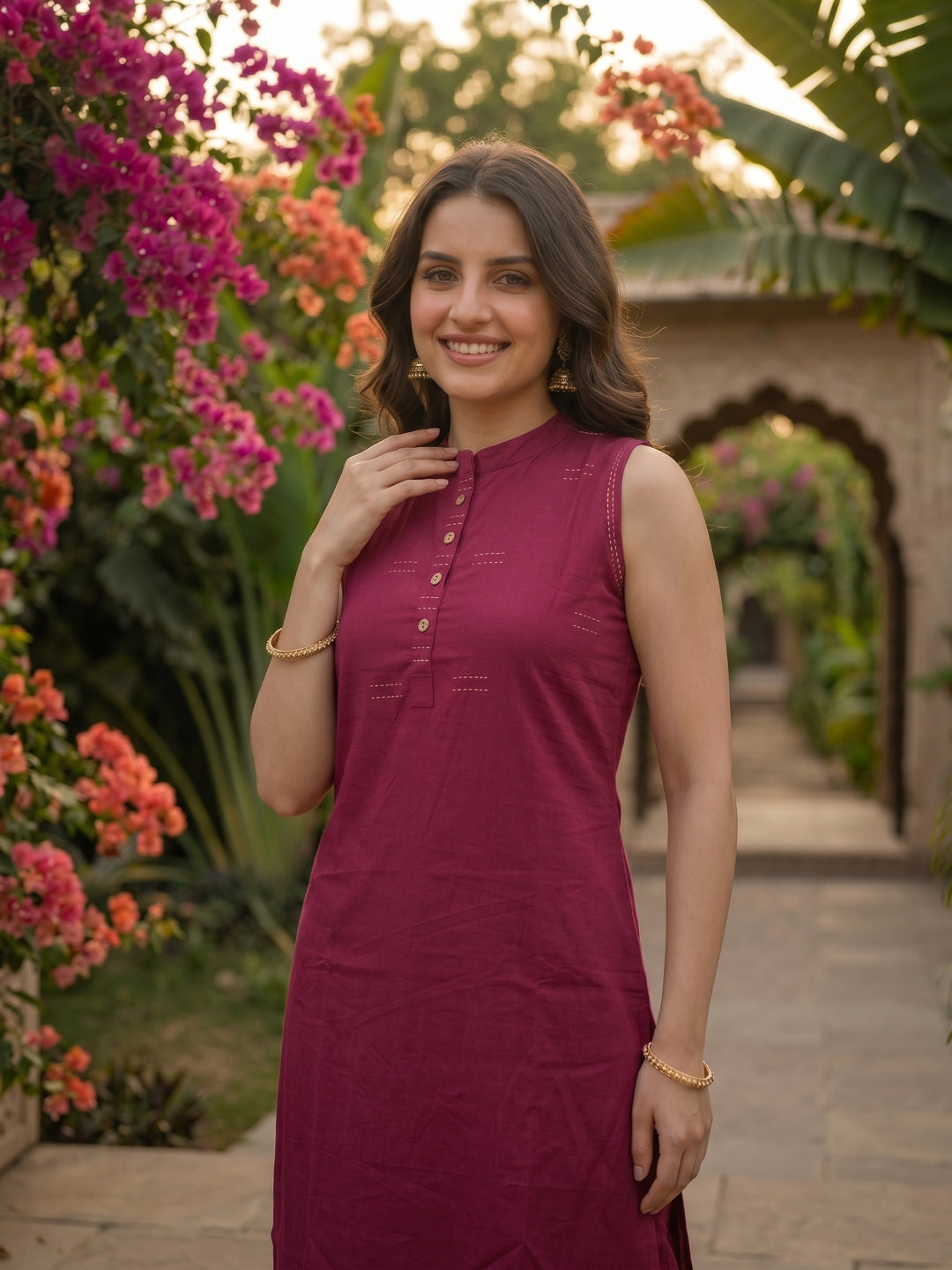 Solid Kantha Work Sleeveless Straight Kurta with Pyjama - Magenta