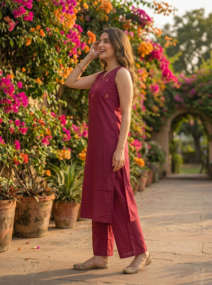 Solid Kantha Work Sleeveless Straight Kurta with Pyjama - Magenta