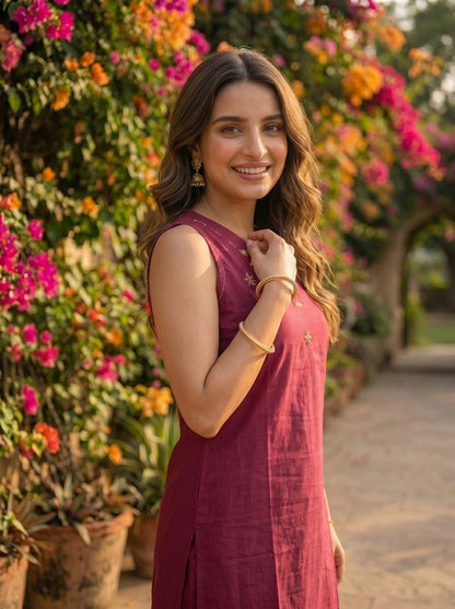 Solid Kantha Work Sleeveless Straight Kurta with Pyjama - Magenta