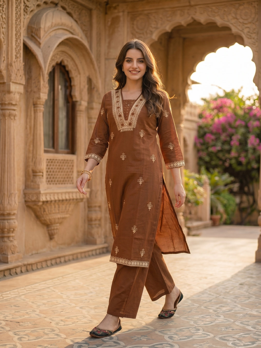 Solid Dori Mirror Embroidered Straight Kurta with Palazzo - Brown