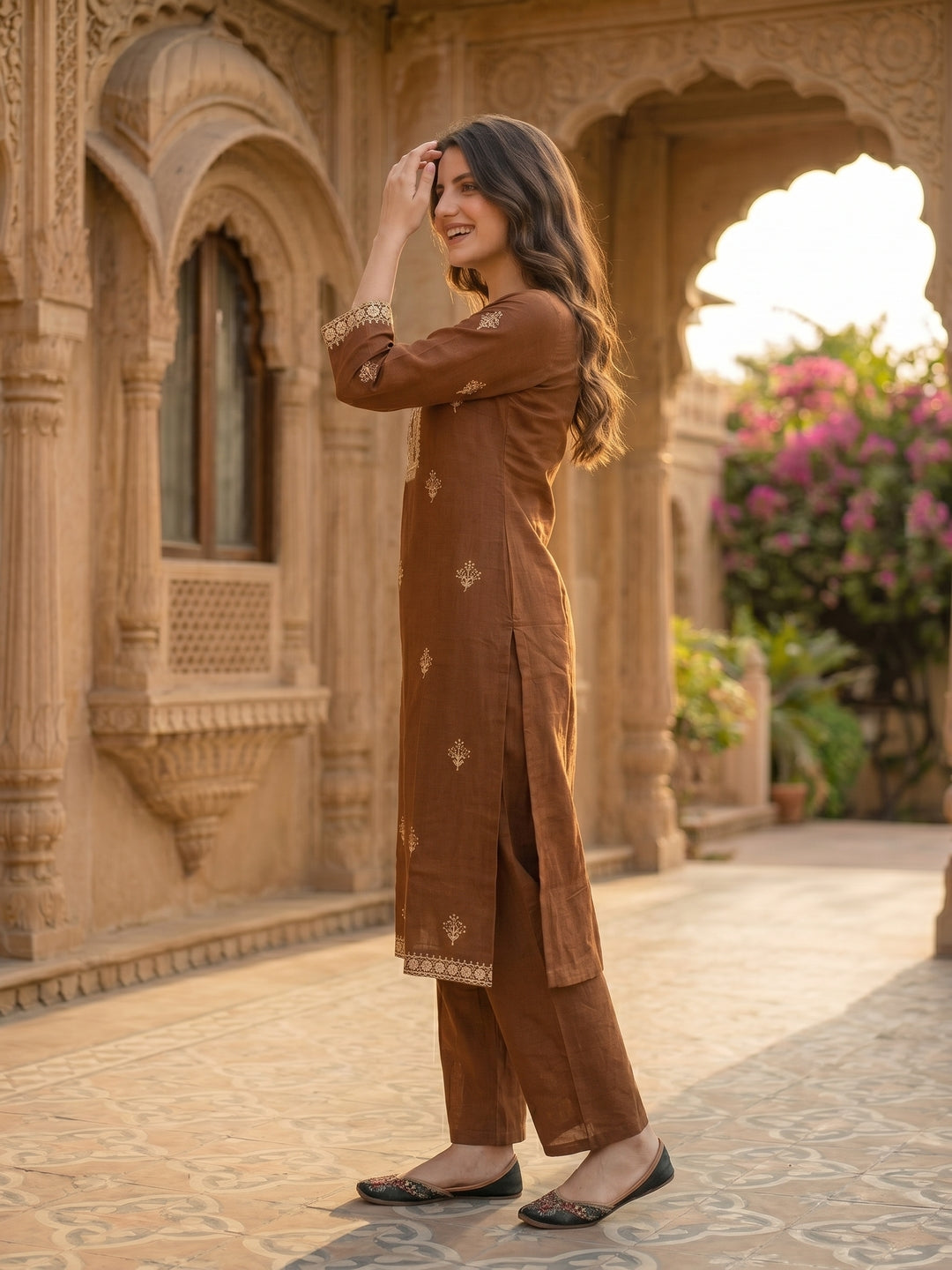 Solid Dori Mirror Embroidered Straight Kurta with Palazzo - Brown