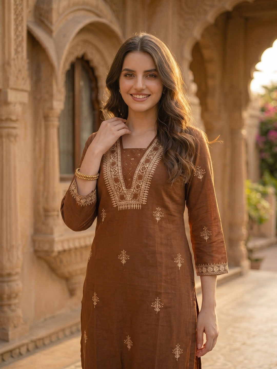 Solid Dori Mirror Embroidered Straight Kurta with Palazzo - Brown