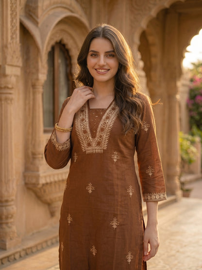 Solid Dori Mirror Embroidered Straight Kurta with Palazzo - Brown