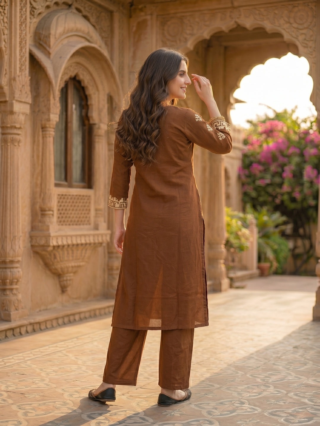 Solid Dori Mirror Embroidered Straight Kurta with Palazzo - Brown