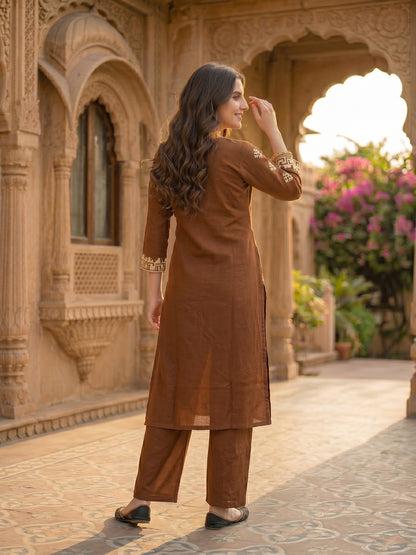 Solid Dori Mirror Embroidered Straight Kurta with Palazzo - Brown