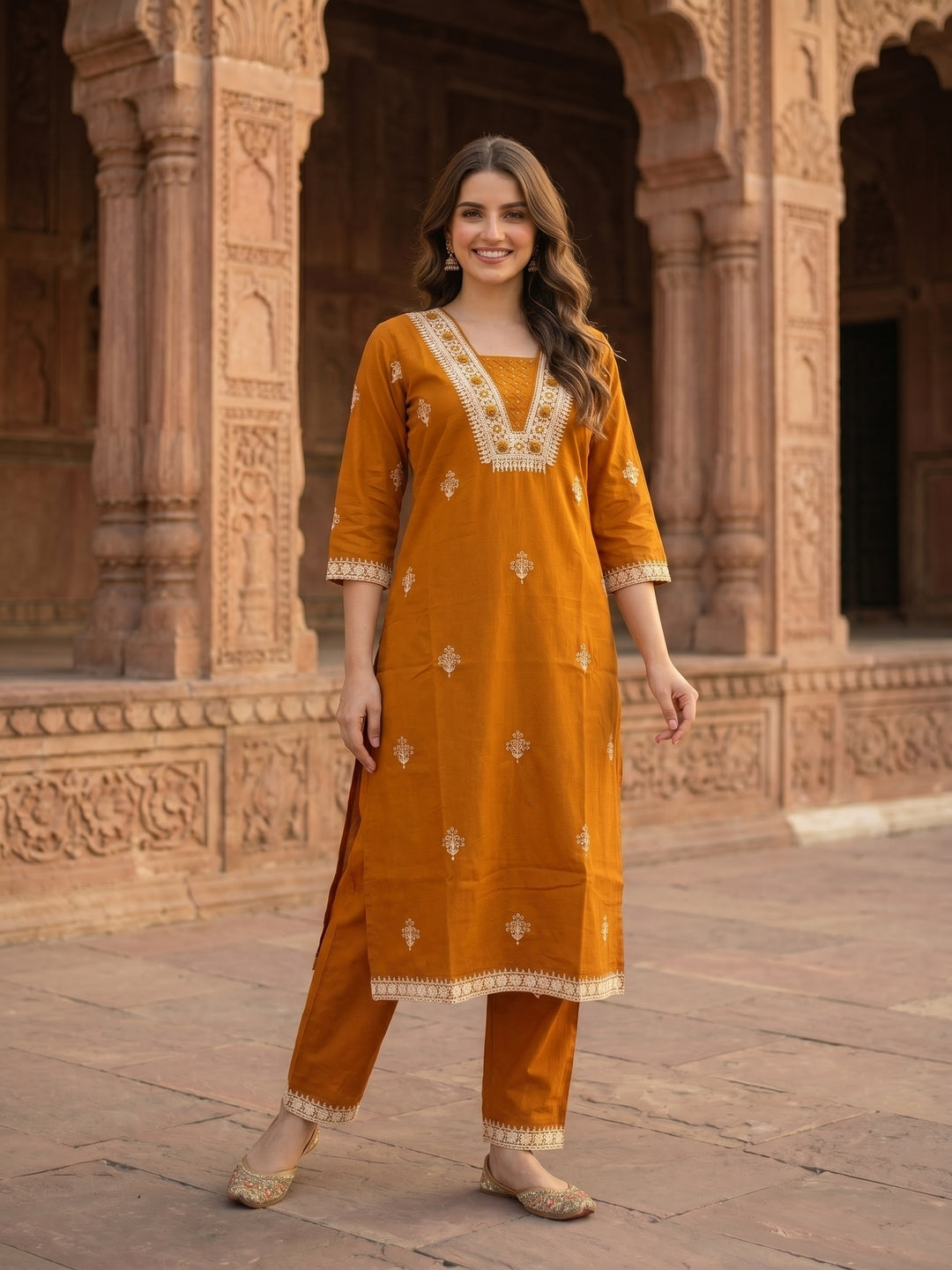 Solid Dori Mirror Embroidered Straight Kurta with Palazzo - Mustard