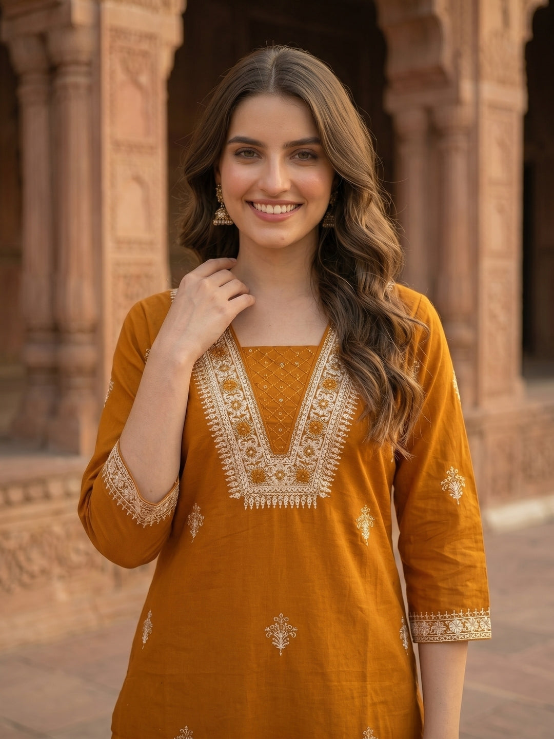 Solid Dori Mirror Embroidered Straight Kurta with Palazzo - Mustard