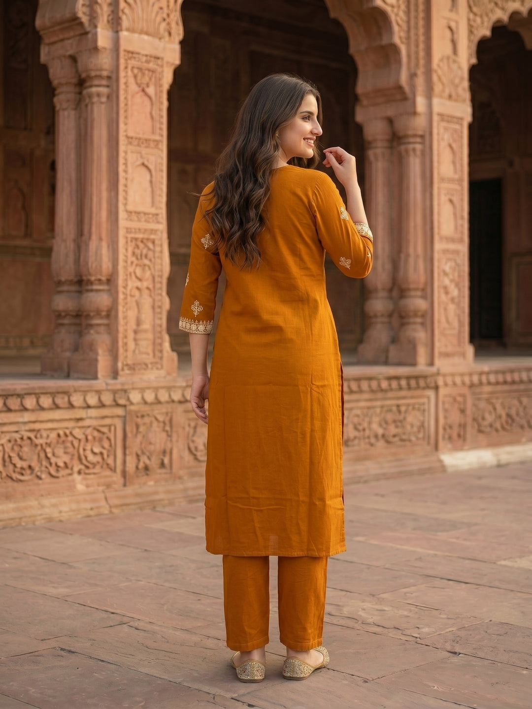Solid Dori Mirror Embroidered Straight Kurta with Palazzo - Mustard