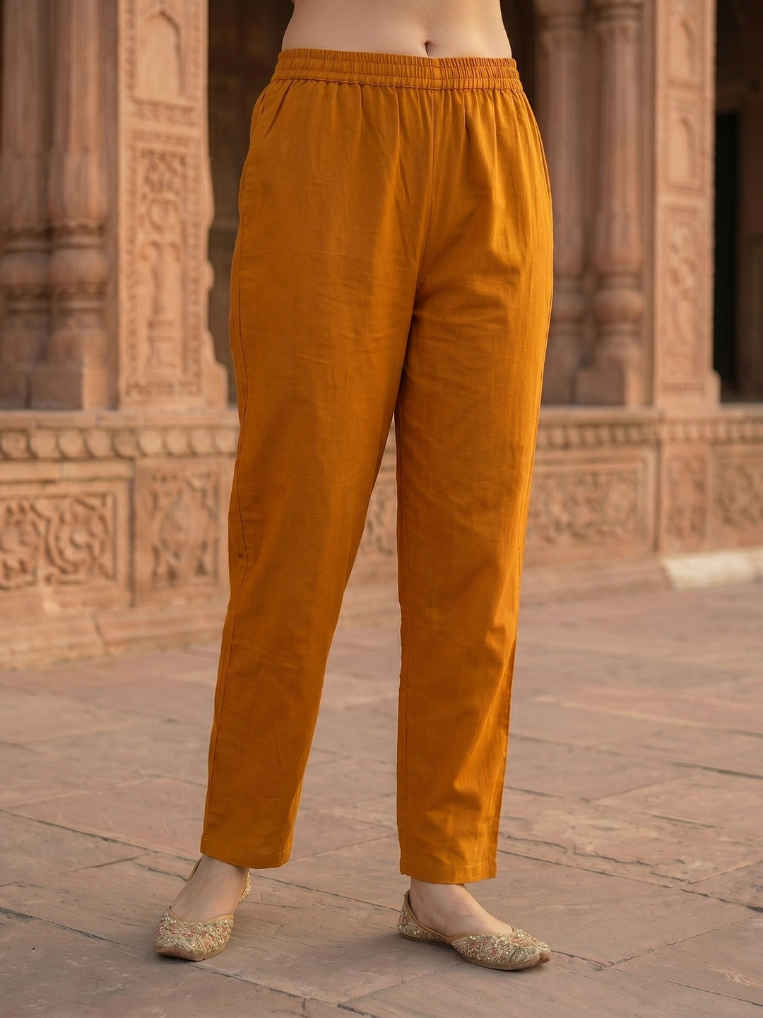 Solid Dori Mirror Embroidered Straight Kurta with Palazzo - Mustard
