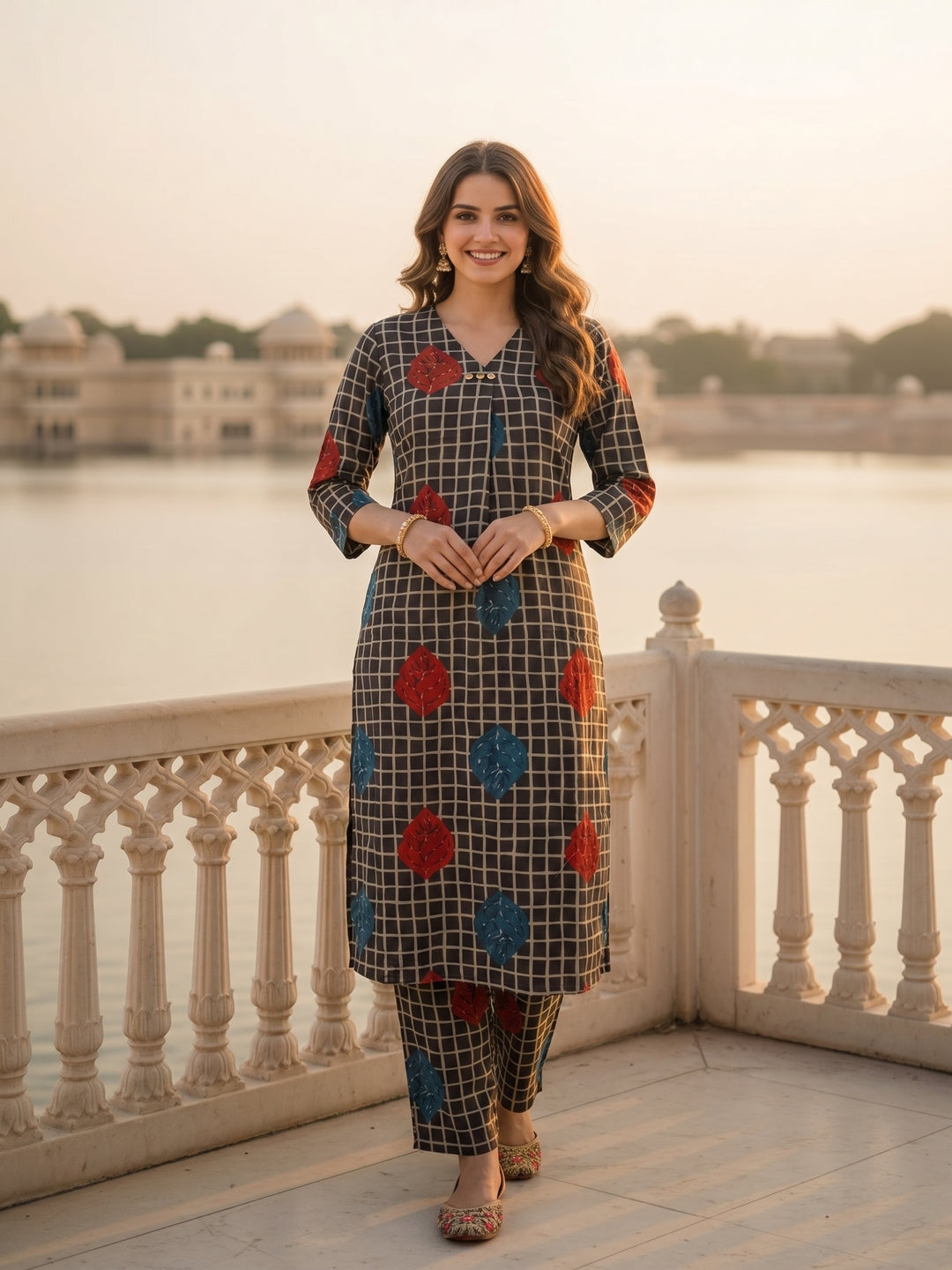 Abstract Checks & Foliage Print Straight Kurta with Palazzo - Black