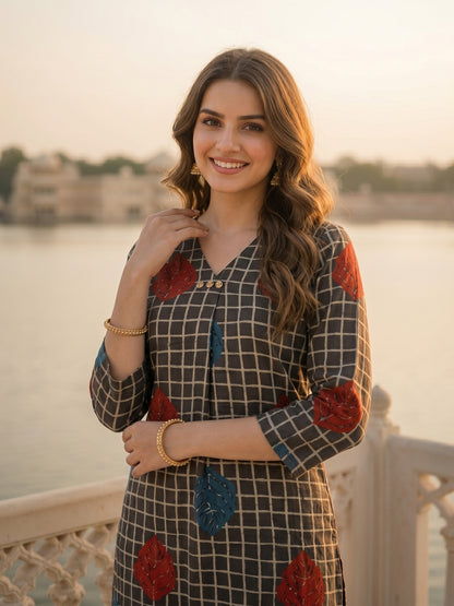 Abstract Checks & Foliage Print Straight Kurta with Palazzo - Black