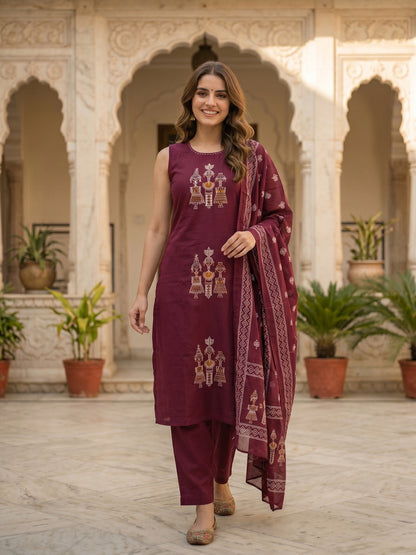 Solid Tribal Embroidered Straight Kurta with Pyjama & Dupatta - Burgundy