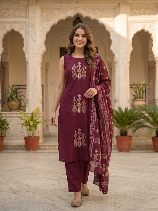 Solid Tribal Embroidered Straight Kurta with Pyjama & Dupatta - Burgundy