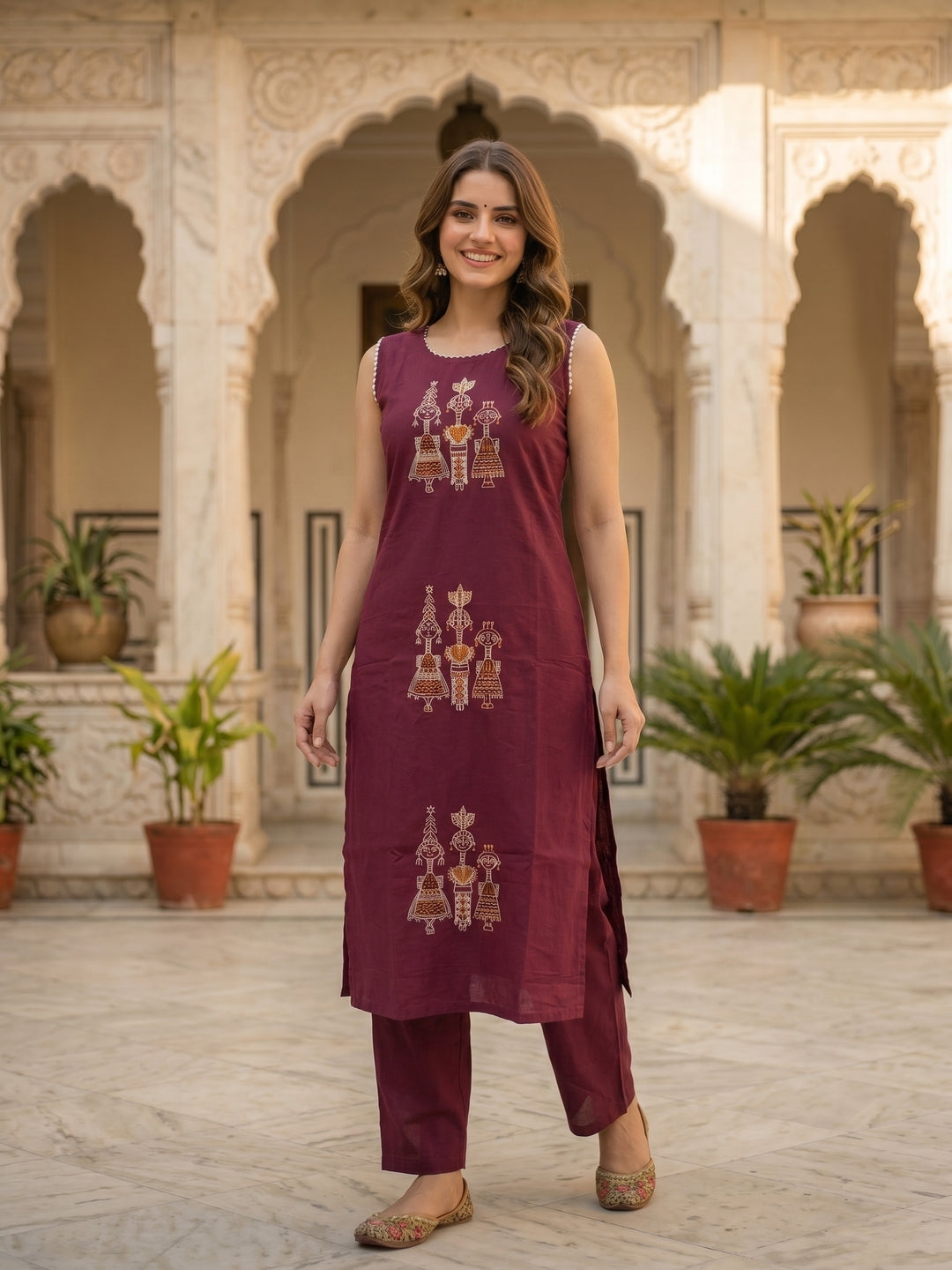 Solid Tribal Embroidered Straight Kurta with Pyjama & Dupatta - Burgundy