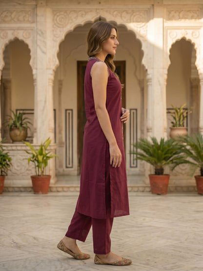Solid Tribal Embroidered Straight Kurta with Pyjama & Dupatta - Burgundy
