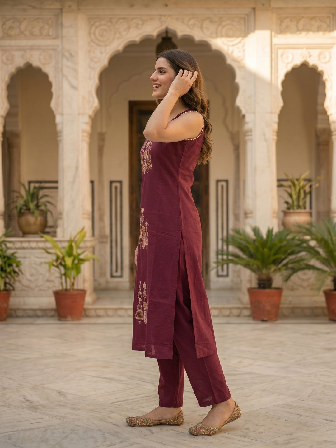 Solid Tribal Embroidered Straight Kurta with Pyjama & Dupatta - Burgundy