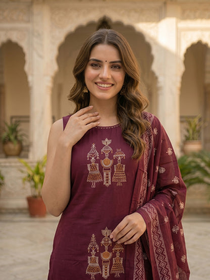 Solid Tribal Embroidered Straight Kurta with Pyjama & Dupatta - Burgundy