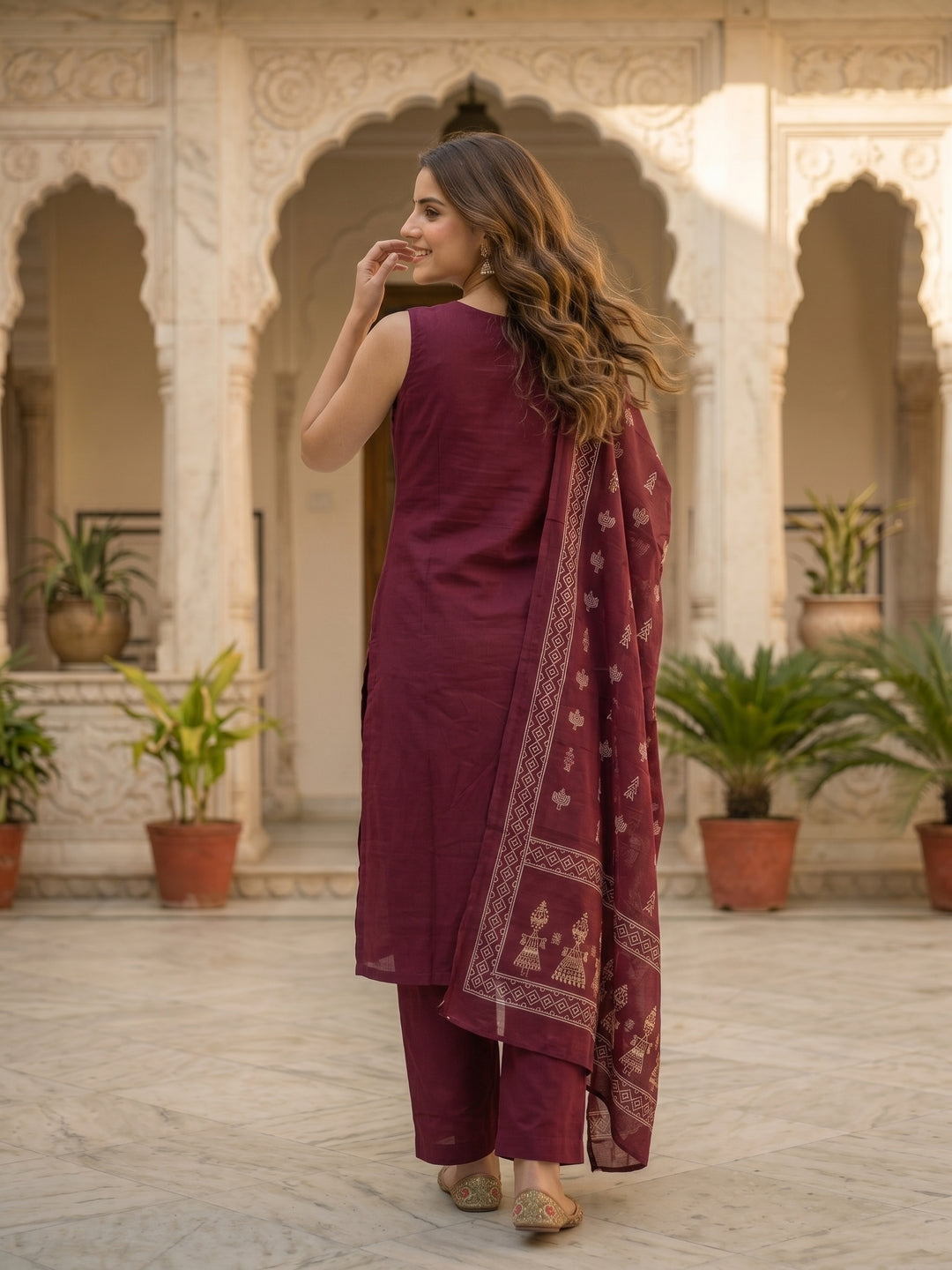 Solid Tribal Embroidered Straight Kurta with Pyjama & Dupatta - Burgundy