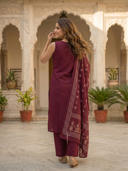 Solid Tribal Embroidered Straight Kurta with Pyjama & Dupatta - Burgundy