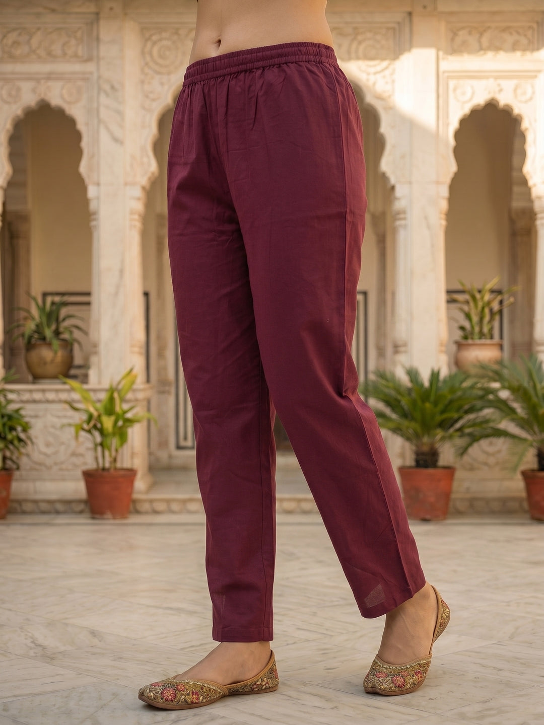 Solid Tribal Embroidered Straight Kurta with Pyjama & Dupatta - Burgundy