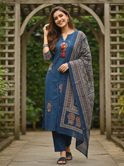 Solid Kantha Print Patch Kurta with Pyjama & Dupatta - Blue
