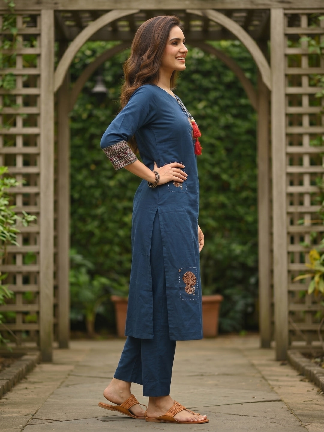 Solid Kantha Print Patch Kurta with Pyjama & Dupatta - Blue