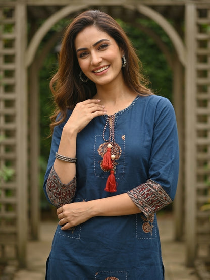 Solid Kantha Print Patch Kurta with Pyjama & Dupatta - Blue