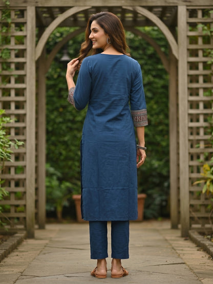 Solid Kantha Print Patch Kurta with Pyjama & Dupatta - Blue