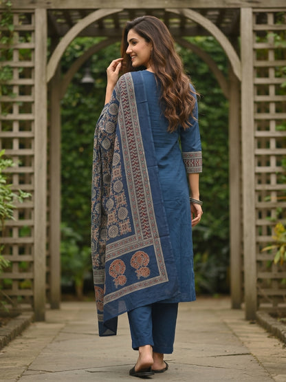 Solid Kantha Print Patch Kurta with Pyjama & Dupatta - Blue
