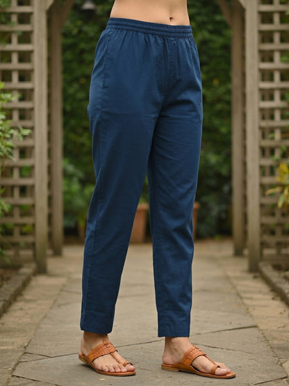 Solid Kantha Print Patch Kurta with Pyjama & Dupatta - Blue