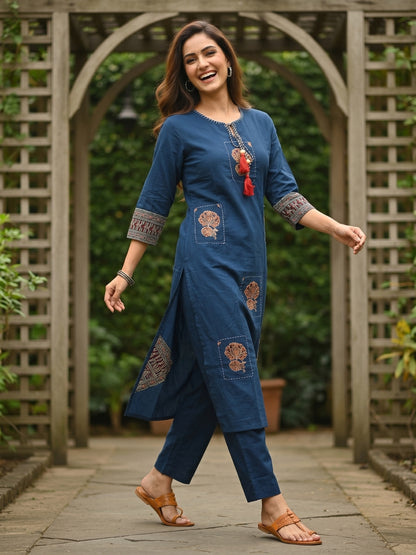 Solid Kantha Print Patch Kurta with Pyjama & Dupatta - Blue