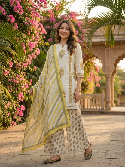 Ethnic Printed Schiffli Kurti with Sharara and Dupatta- Cream