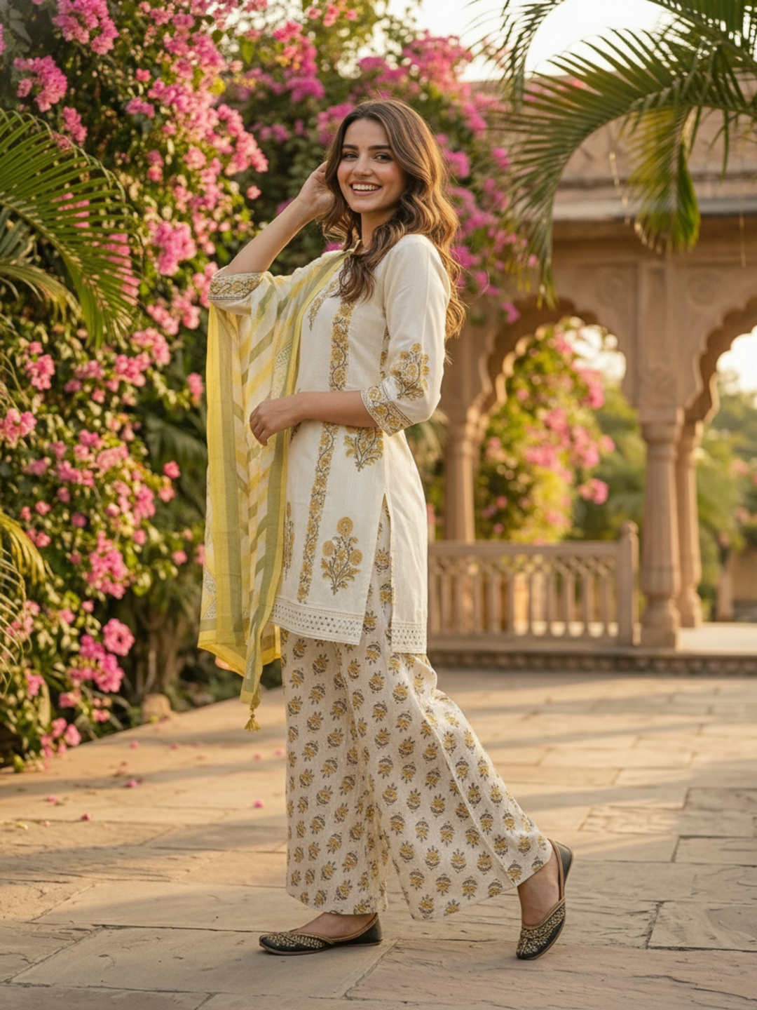 Ethnic Printed Schiffli Kurti with Sharara and Dupatta- Cream