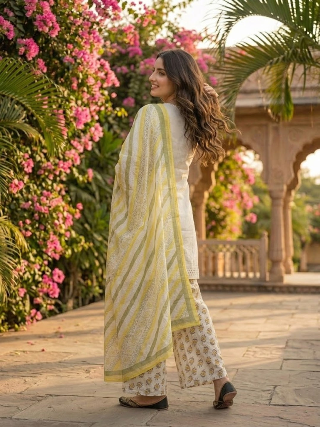 Ethnic Printed Schiffli Kurti with Sharara and Dupatta- Cream
